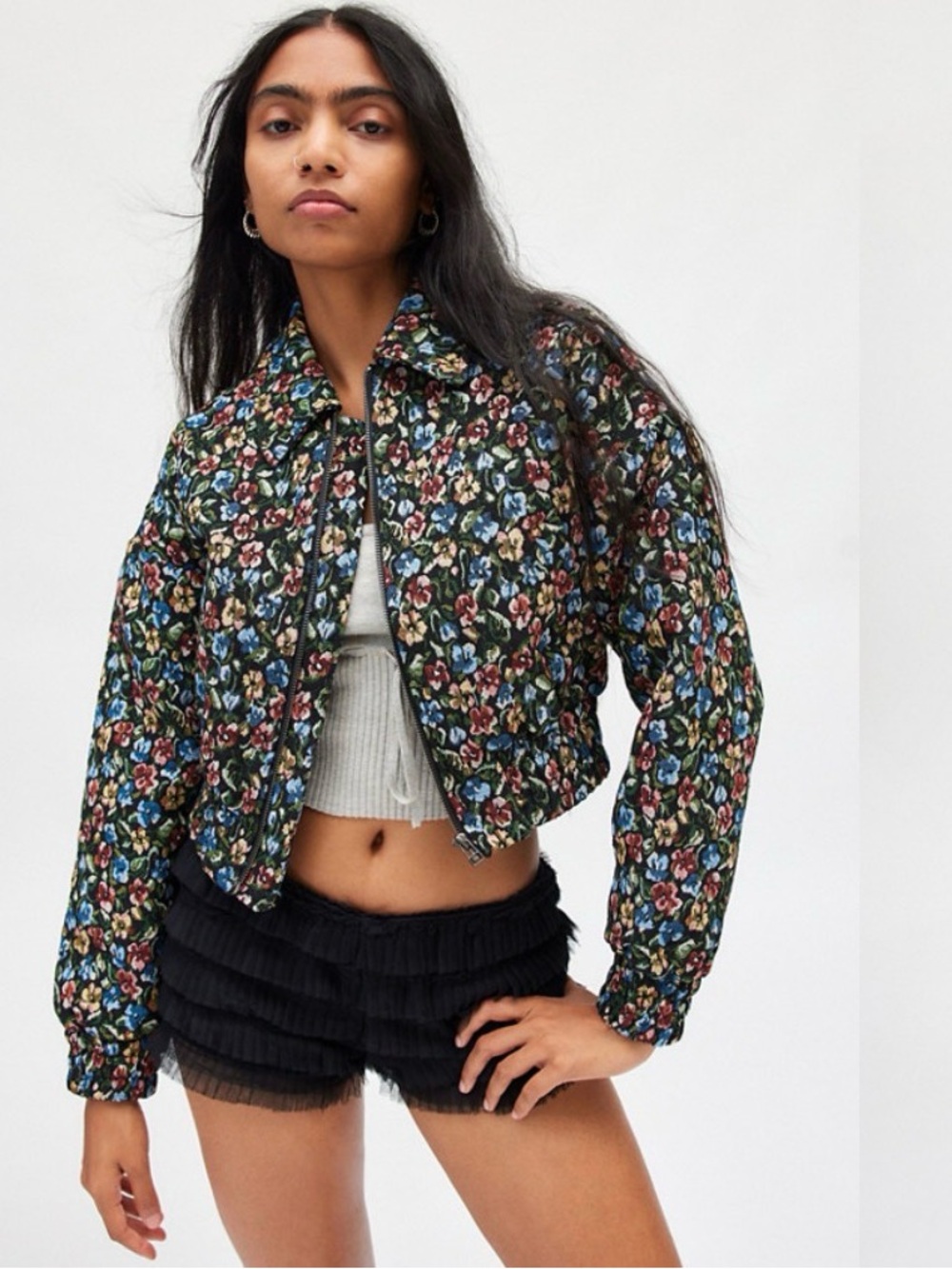 UO Kimchi Blue “Evelyn” Cropped Bomber Jacket Floral Jacquard Urban Outfitters